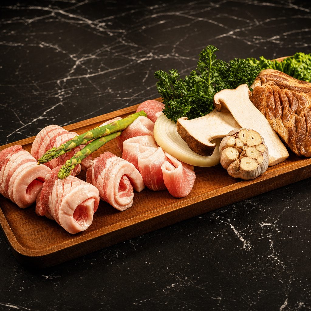 Pork Platter Lunch with Grilled Kimchi.